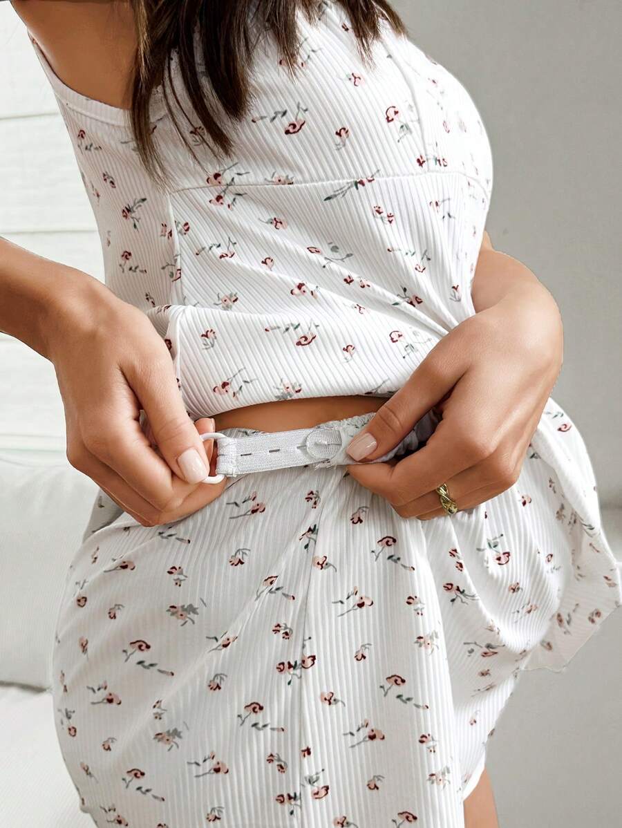 Maternity Pajama Set 2 Pack - Knit Ribbed Ditsy Floral Lace V-Neck Top and Shorts, Nursing