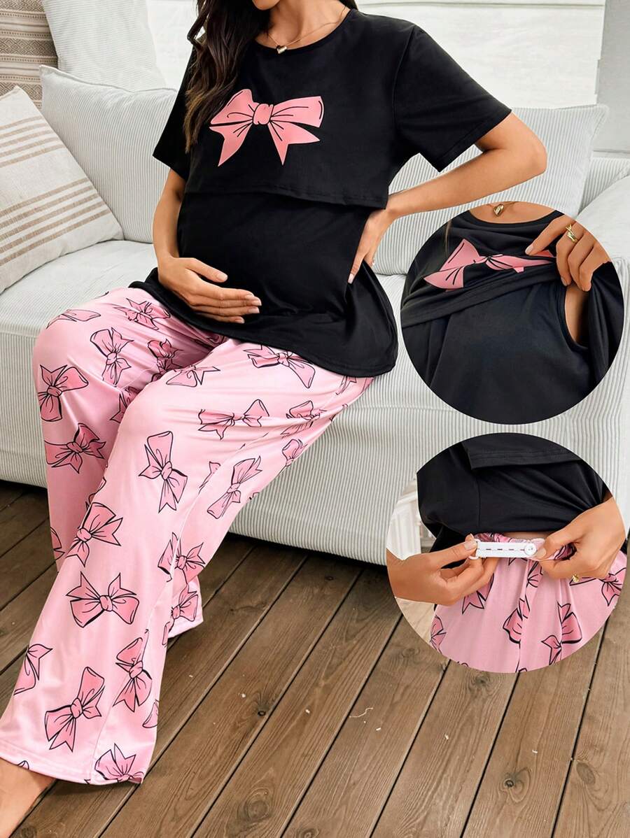 Maternity Nursing Pajama Set - Black Short Sleeve Tee Pink Bow Detail Matching Print Pants, Casual