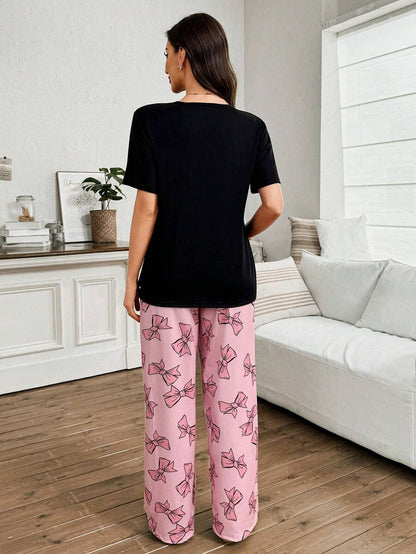 Maternity Nursing Pajama Set - Black Short Sleeve Tee Pink Bow Detail Matching Print Pants, Casual