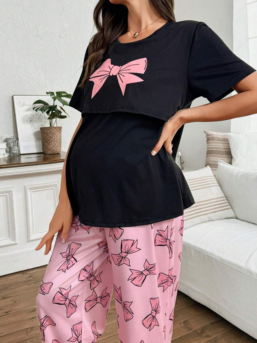 Maternity Nursing Pajama Set - Black Short Sleeve Tee Pink Bow Detail Matching Print Pants, Casual