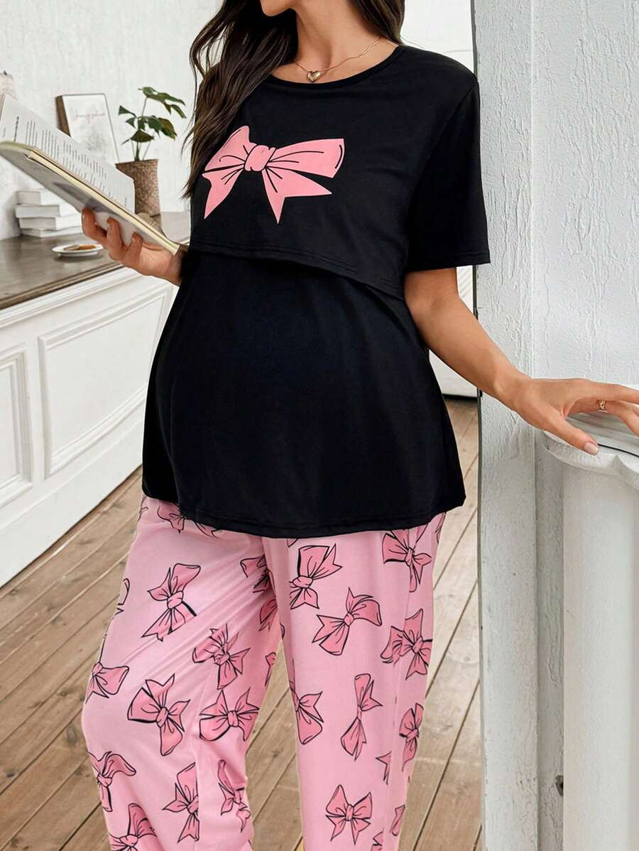 Maternity Nursing Pajama Set - Black Short Sleeve Tee Pink Bow Detail Matching Print Pants, Casual
