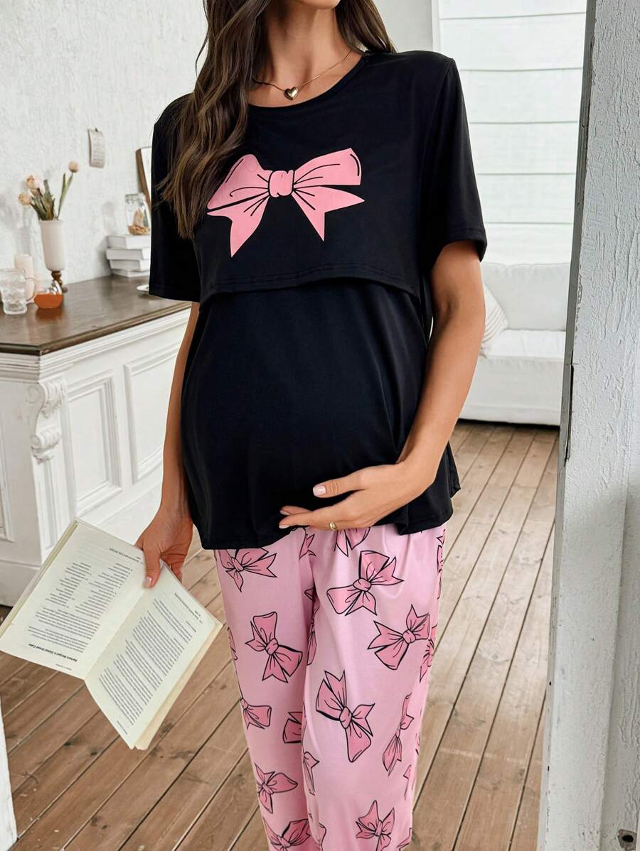 Maternity Nursing Pajama Set - Black Short Sleeve Tee Pink Bow Detail Matching Print Pants, Casual