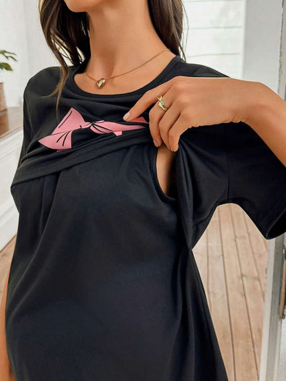 Maternity Nursing Pajama Set - Black Short Sleeve Tee Pink Bow Detail Matching Print Pants, Casual