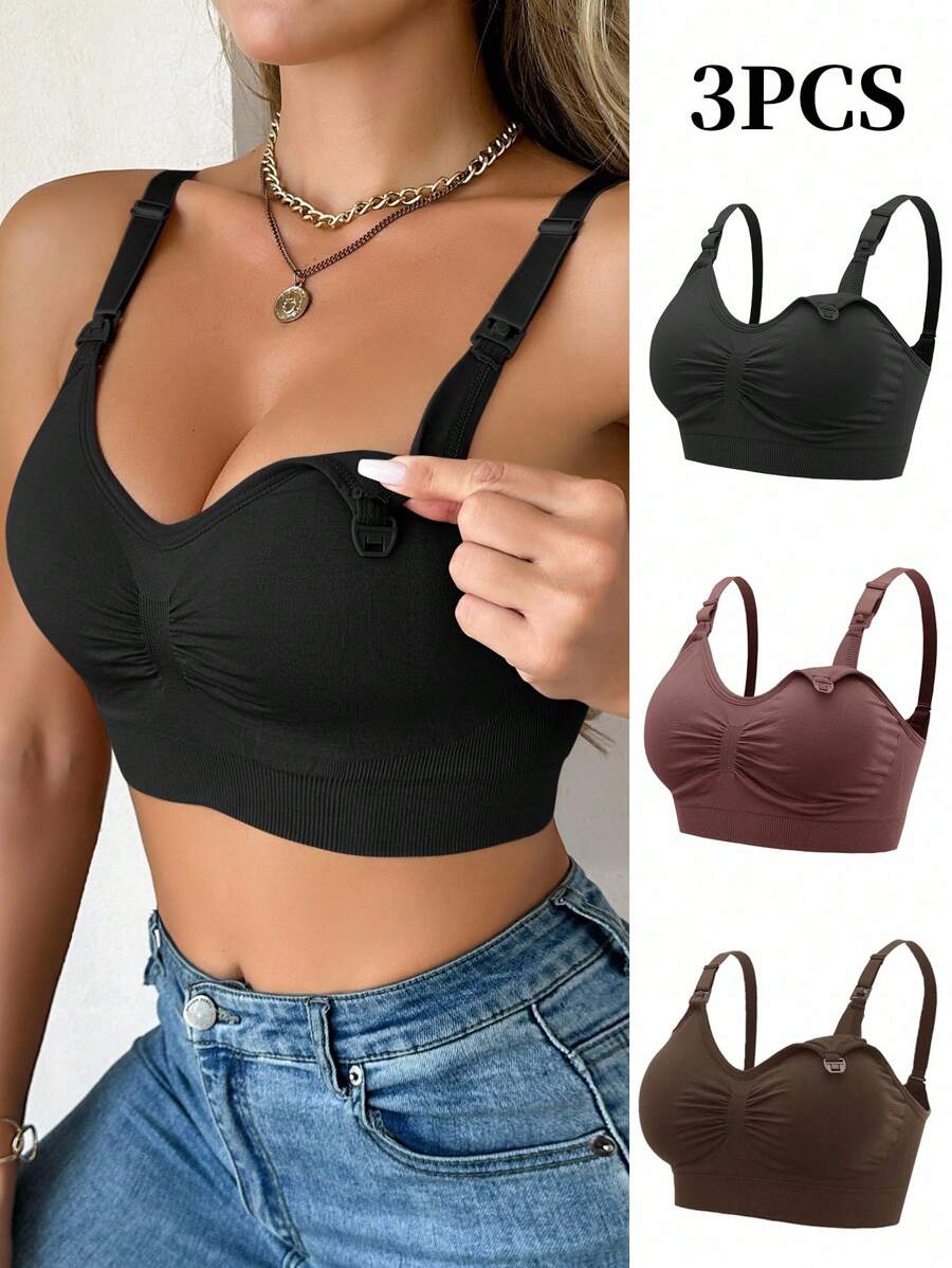 3PCS Maternity Nursing Bras Set Women Simple Solid Color Comfortable Breastfeeding Bra Set