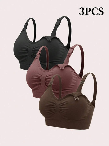 3PCS Maternity Nursing Bras Set Women Simple Solid Color Comfortable Breastfeeding Bra Set