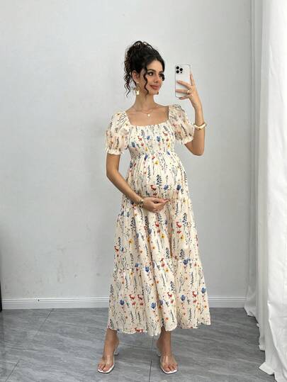 Maternity Floral A-Line Midi Dress - Square Neck, Puff Half Sleeve, Shirred, Drawstring Waist, Apricot