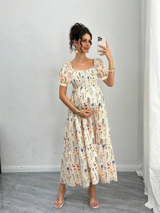 Maternity Floral A-Line Midi Dress - Square Neck, Puff Half Sleeve, Shirred, Drawstring Waist, Apricot