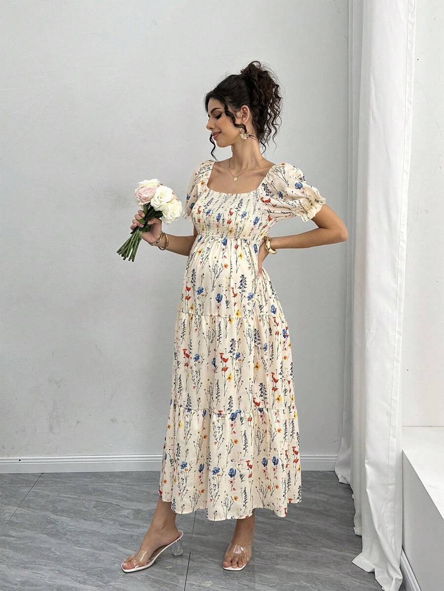 Maternity Floral A-Line Midi Dress - Square Neck, Puff Half Sleeve, Shirred, Slim Fit, Royal Blue