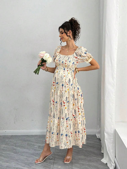 Maternity Floral A-Line Midi Dress - Square Neck, Puff Half Sleeve, Shirred, Slim Fit, Royal Blue