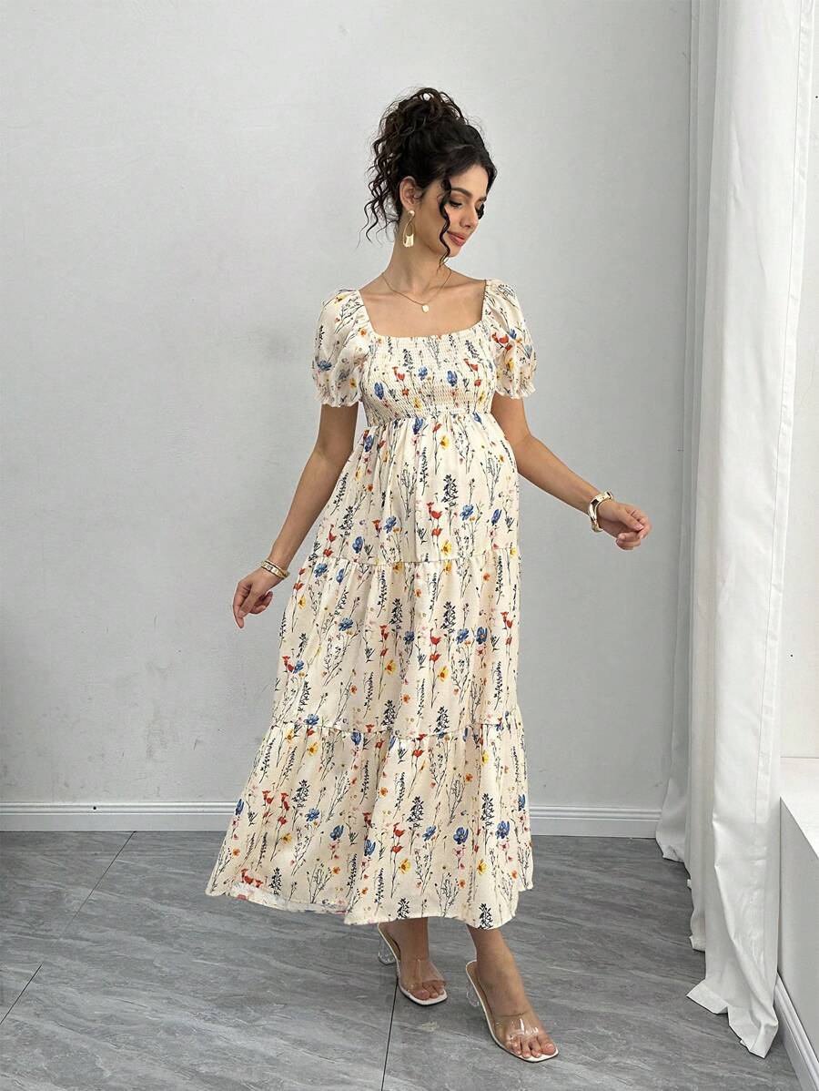 Maternity Floral A-Line Midi Dress - Square Neck, Puff Half Sleeve, Shirred, Drawstring Waist, Apricot