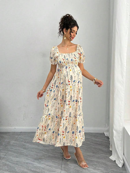 Maternity Floral A-Line Midi Dress - Square Neck, Puff Half Sleeve, Shirred, Slim Fit, Royal Blue