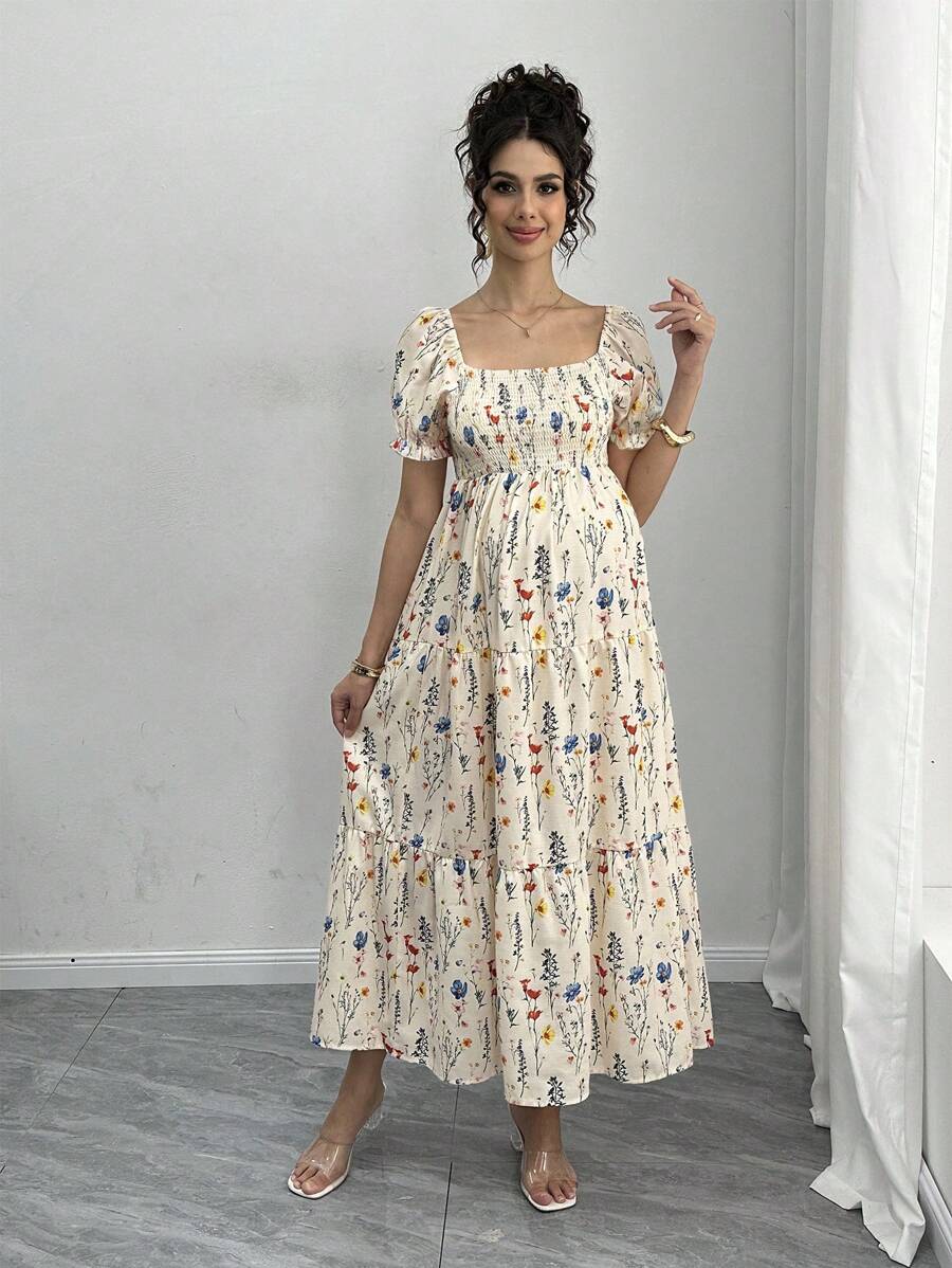 Maternity Floral A-Line Midi Dress - Square Neck, Puff Half Sleeve, Shirred, Drawstring Waist, Apricot