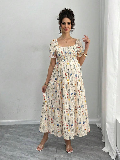 Maternity Floral A-Line Midi Dress - Square Neck, Puff Half Sleeve, Shirred, Drawstring Waist, Apricot