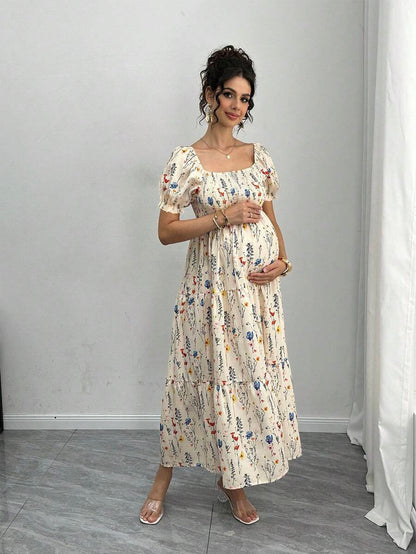 Maternity Floral A-Line Midi Dress - Square Neck, Puff Half Sleeve, Shirred, Slim Fit, Royal Blue