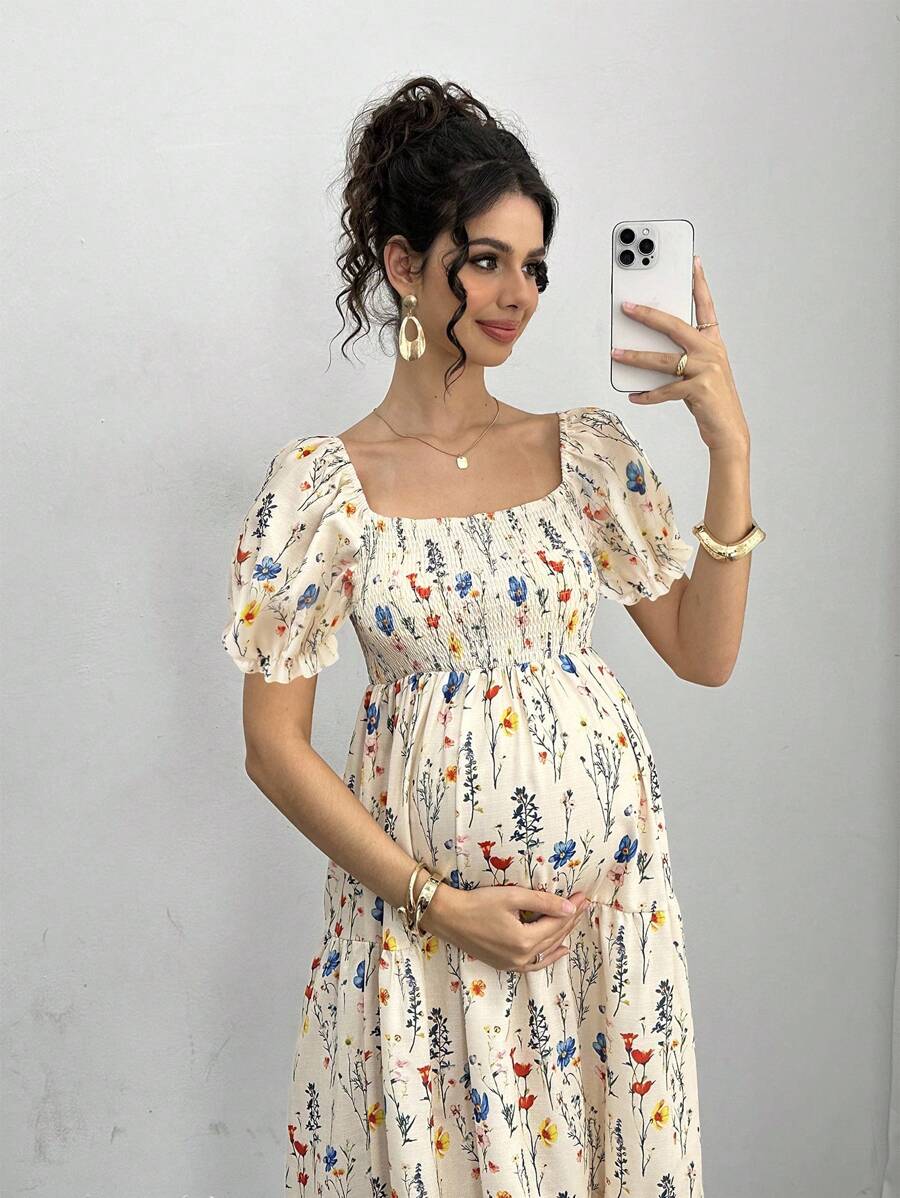 Maternity Floral A-Line Midi Dress - Square Neck, Puff Half Sleeve, Shirred, Slim Fit, Royal Blue