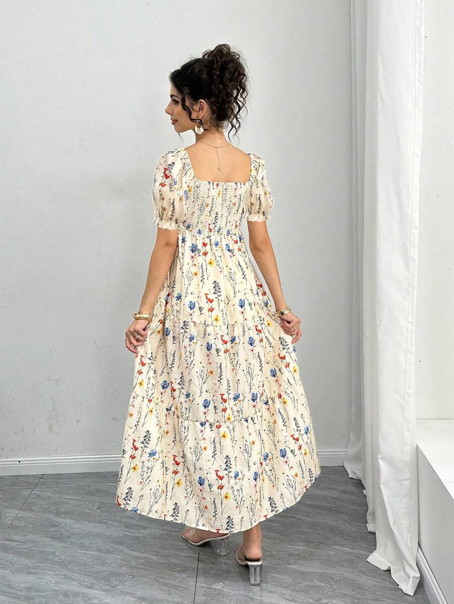 Maternity Floral A-Line Midi Dress - Square Neck, Puff Half Sleeve, Shirred, Drawstring Waist, Apricot