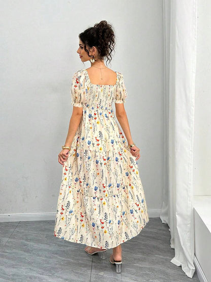Maternity Floral A-Line Midi Dress - Square Neck, Puff Half Sleeve, Shirred, Drawstring Waist, Apricot