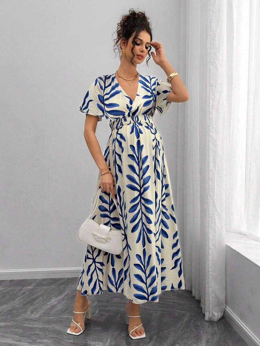 Maternity All-Over Print Shirred Casual Short Sleeve Dress