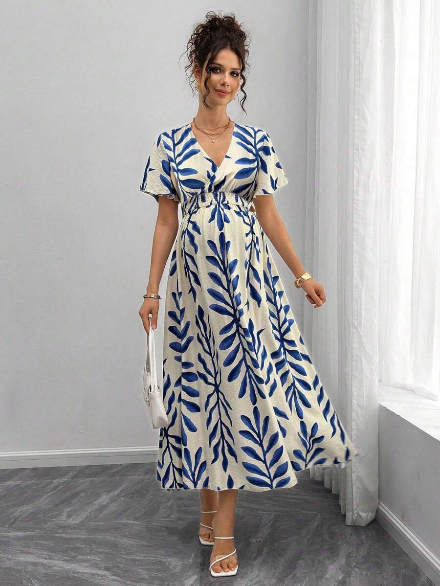 Maternity All-Over Print Shirred Casual Short Sleeve Dress