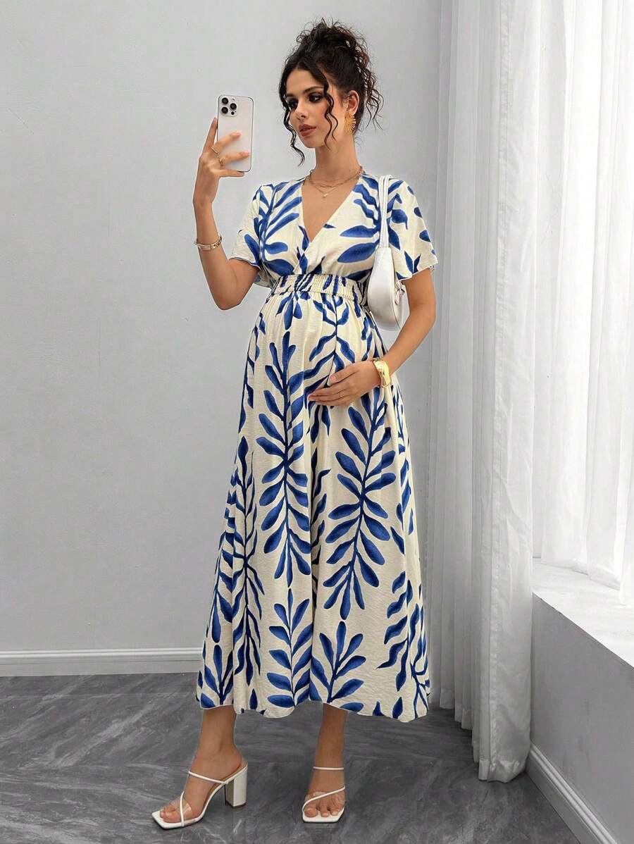 Maternity All-Over Print Shirred Casual Short Sleeve Dress