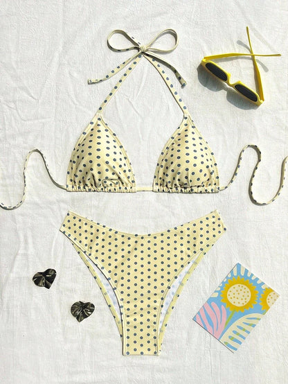 Swim Vcay 2026 Spring/Summer Women's Spaghetti Strap Halter Neck Black Base White Polka Dot Random Print Sweet Cute Side High Cut Bikini Swimwear 2-Piece Set Vacation Bikini Set Pink Bikini Set High Leg Bikini Set Modest Bikini Set Bikini Set