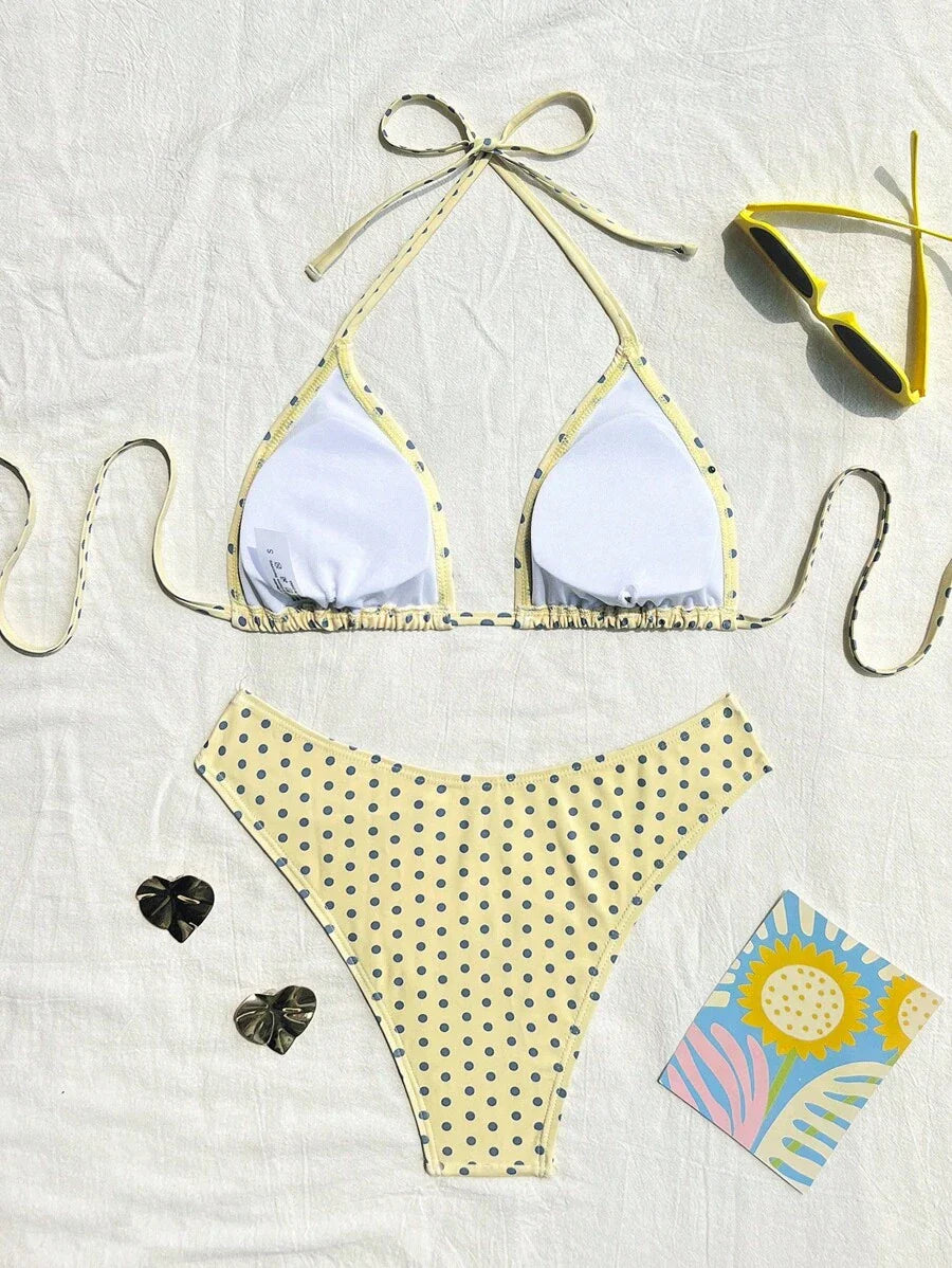 Swim Vcay 2026 Spring/Summer Women's Spaghetti Strap Halter Neck Black Base White Polka Dot Random Print Sweet Cute Side High Cut Bikini Swimwear 2-Piece Set Vacation Bikini Set Pink Bikini Set High Leg Bikini Set Modest Bikini Set Bikini Set