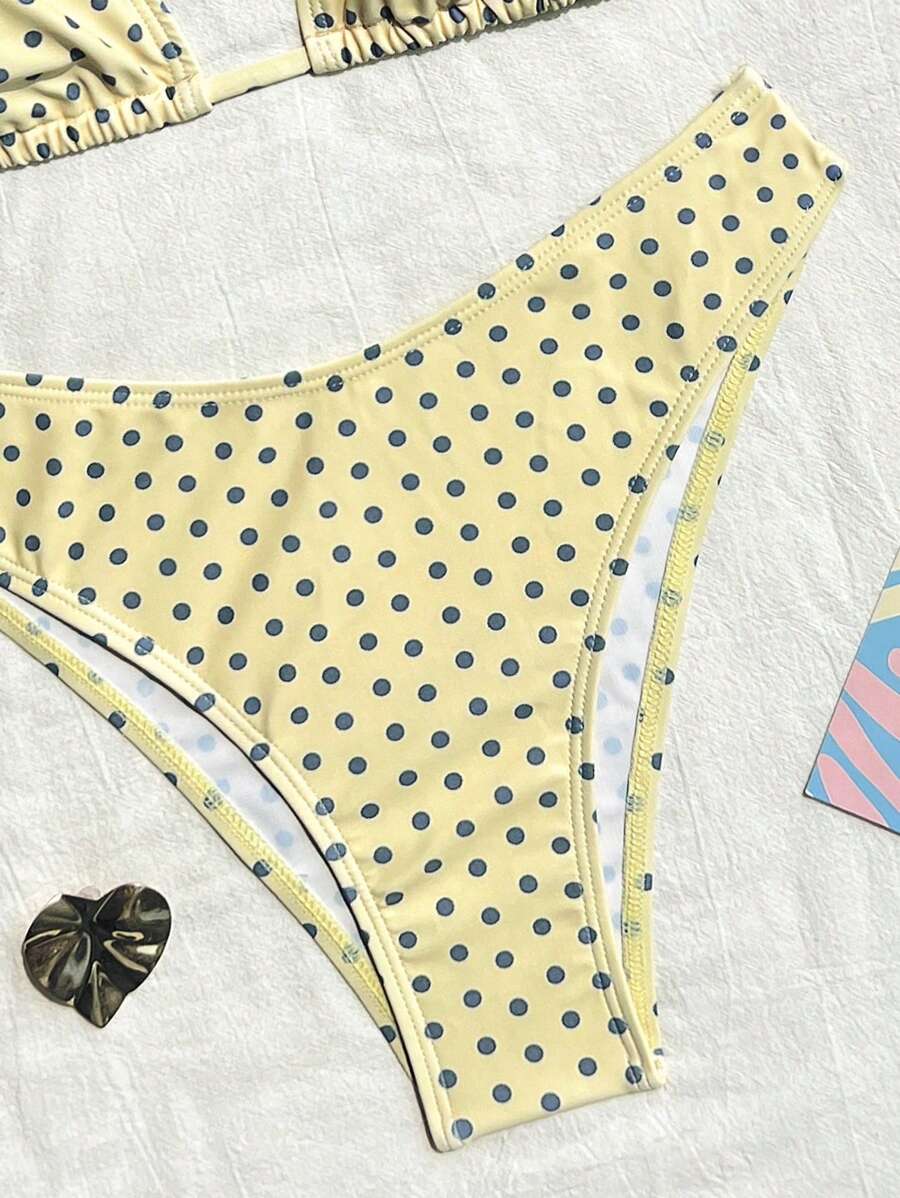 Swim Vcay 2026 Spring/Summer Women's Spaghetti Strap Halter Neck Black Base White Polka Dot Random Print Sweet Cute Side High Cut Bikini Swimwear 2-Piece Set Vacation Bikini Set Pink Bikini Set High Leg Bikini Set Modest Bikini Set Bikini Set