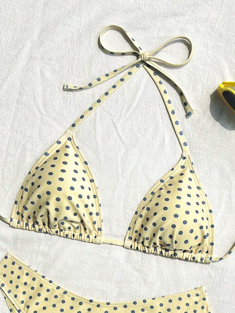 Swim Vcay 2026 Spring/Summer Women's Spaghetti Strap Halter Neck Black Base White Polka Dot Random Print Sweet Cute Side High Cut Bikini Swimwear 2-Piece Set Vacation Bikini Set Pink Bikini Set High Leg Bikini Set Modest Bikini Set Bikini Set