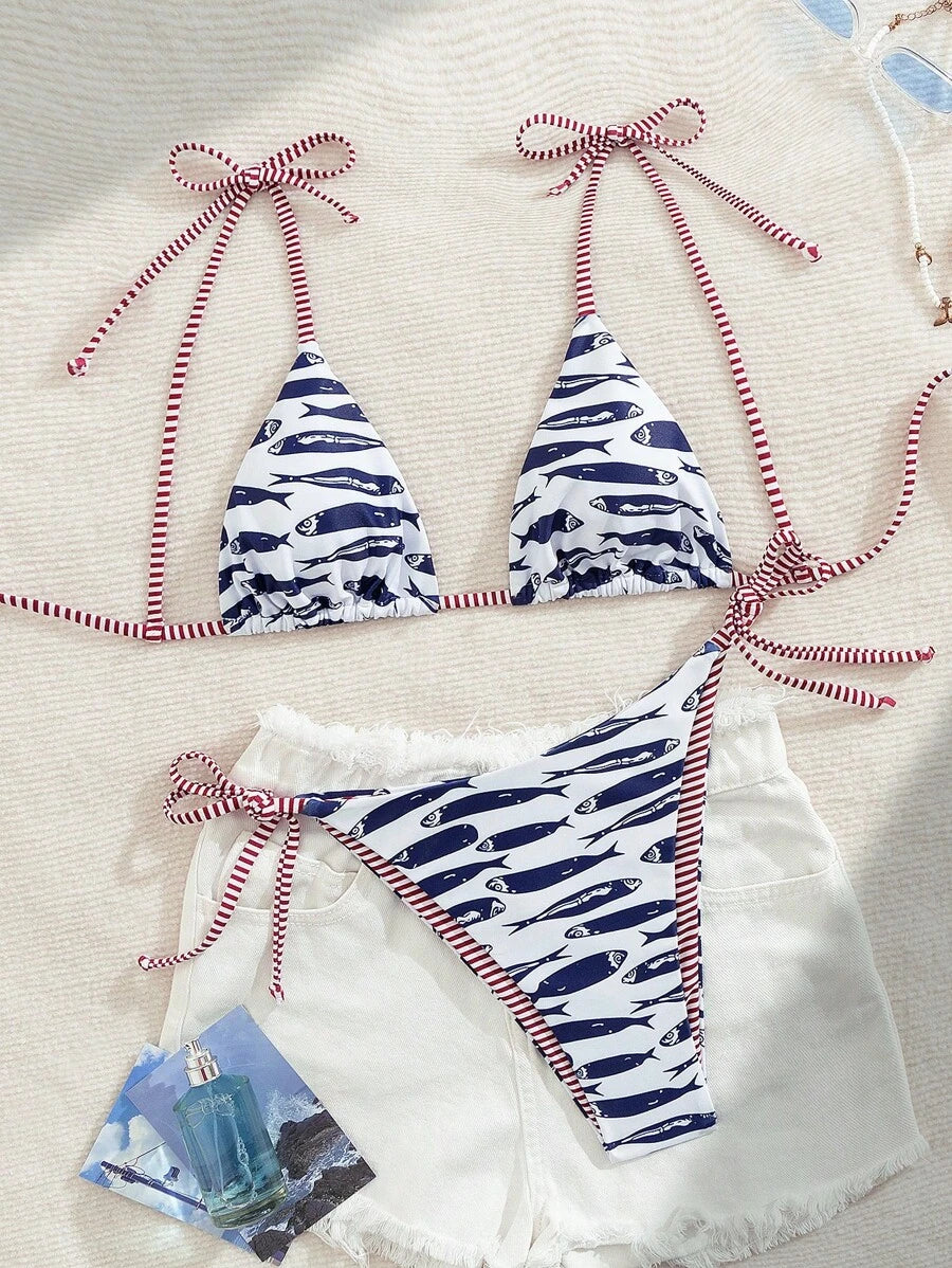 Womens Fashionable Sweet Shoulder Tie Side Bow Bikini Swimwear Removable Padded Two Piece Swimsuit Set