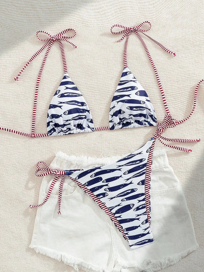 Womens Fashionable Sweet Shoulder Tie Side Bow Bikini Swimwear Removable Padded Two Piece Swimsuit Set