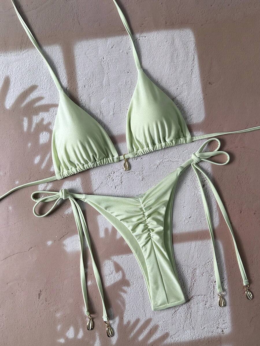 Swim Chiccia Women Spring Break Summer Beach Solid Color Halter Tie Sexy Bikini Swimsuit Set