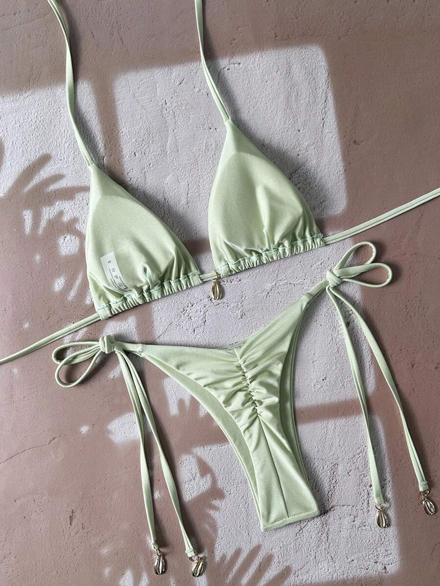 Swim Chiccia Women Spring Break Summer Beach Solid Color Halter Tie Sexy Bikini Swimsuit Set