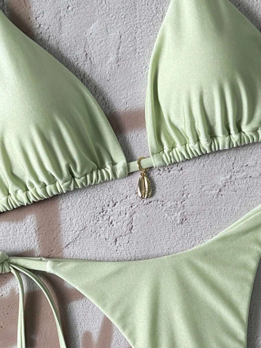 Swim Chiccia Women Spring Break Summer Beach Solid Color Halter Tie Sexy Bikini Swimsuit Set