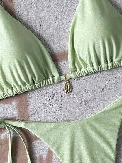 Swim Chiccia Women Spring Break Summer Beach Solid Color Halter Tie Sexy Bikini Swimsuit Set