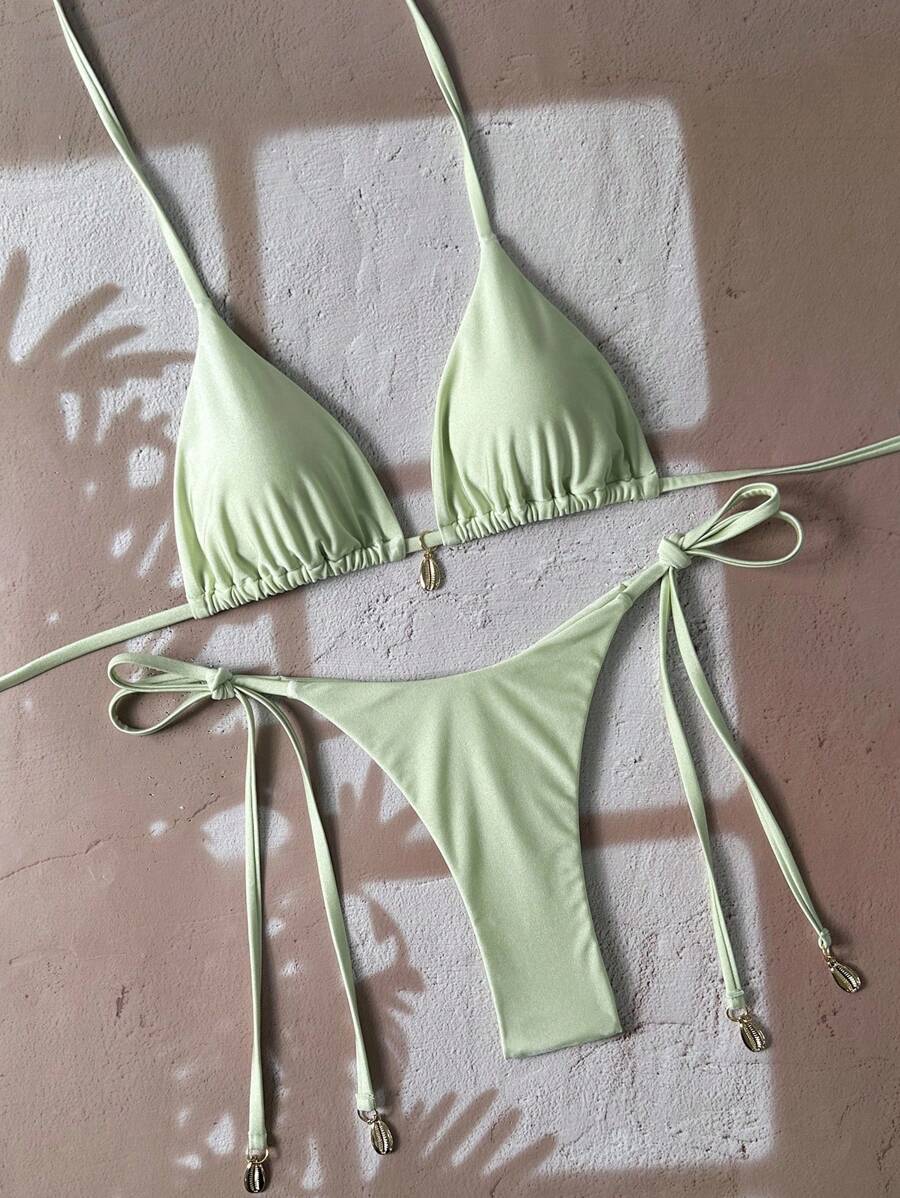 Swim Chiccia Women Spring Break Summer Beach Solid Color Halter Tie Sexy Bikini Swimsuit Set