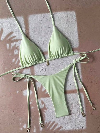 Swim Chiccia Women Spring Break Summer Beach Solid Color Halter Tie Sexy Bikini Swimsuit Set