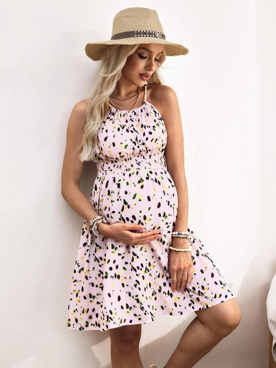 Maternity Women's Cinched Waist Ditsy Floral Sleeveless Spaghetti Strap Holiday Dress