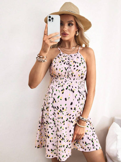 Maternity Women's Cinched Waist Ditsy Floral Sleeveless Spaghetti Strap Holiday Dress