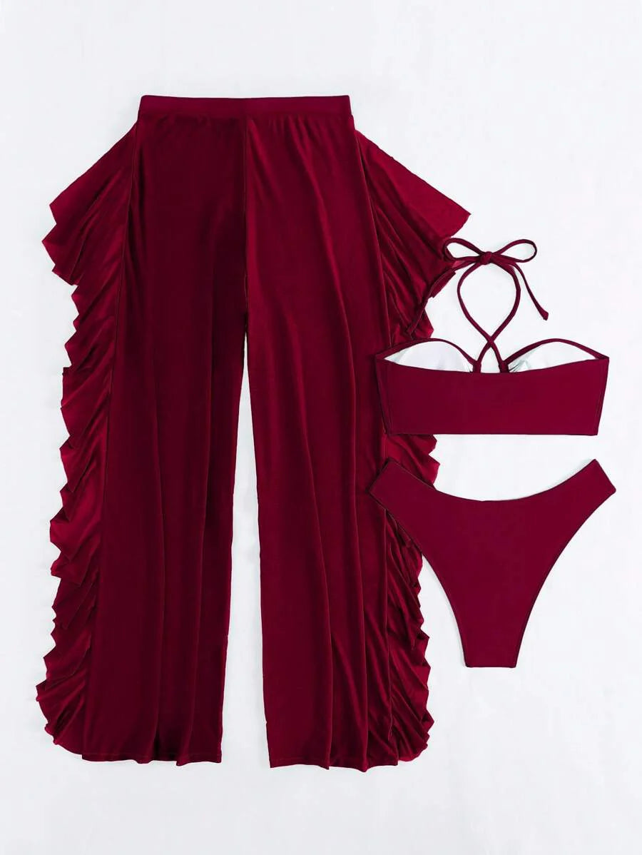 Swim Vcay 3pcs Set New Navy Blue Spring/Summer Halter Backless Crop Top, Trousers And Ruffle Hem Mesh Beach Pants Casual Vacation Bikini Swimwear For Women