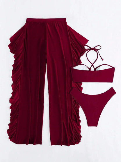 Women's 3-Piece Halter Bikini Set - Criss Cross, High Cut, Cover-Up Pants, White