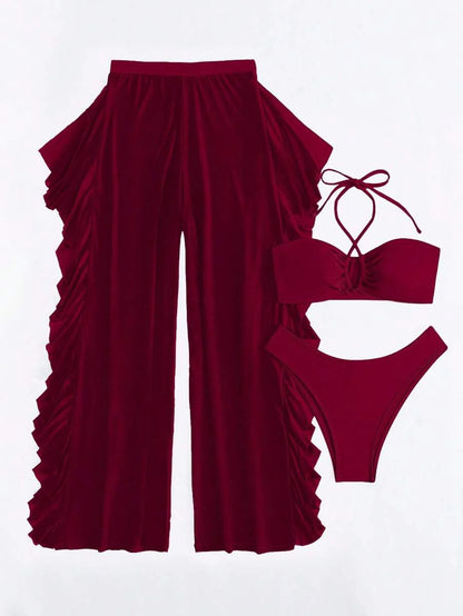 Women's 3-Piece Halter Bikini Set - Criss Cross, High Cut, Cover-Up Pants, White