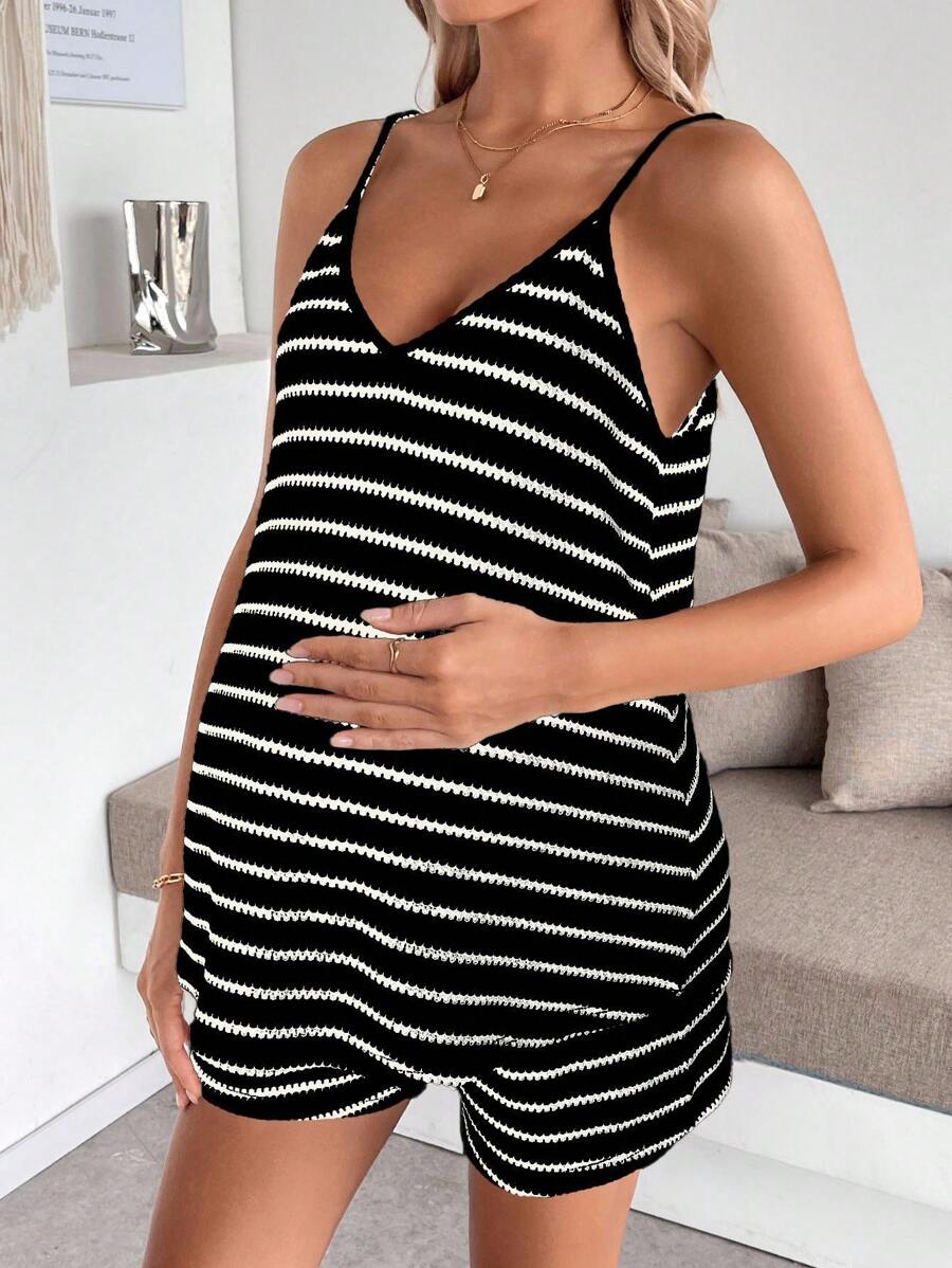 Maternity Striped V-Neck Camisole and Shorts Set Navy Blue Summer Maternity Romper Outfit for Beach and Vacation