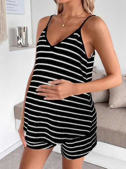 Maternity Striped V-Neck Camisole and Shorts Set Navy Blue Summer Maternity Romper Outfit for Beach and Vacation