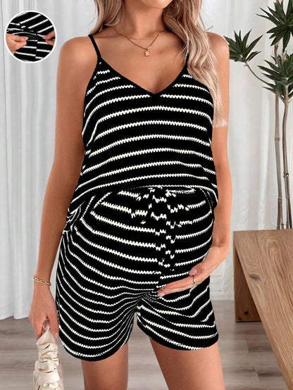 Maternity Striped V-Neck Camisole and Shorts Set Navy Blue Summer Maternity Romper Outfit for Beach and Vacation