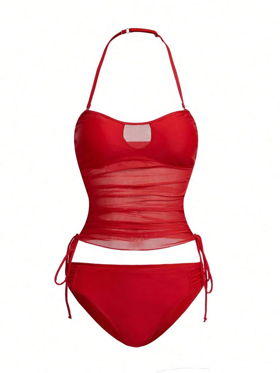 Women's 2-Piece Tankini Set - Detachable Strap Bandeau, Contrast Mesh, Navy Blue