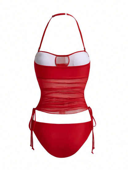 Women's 2-Piece Tankini Set - Detachable Strap Bandeau, Contrast Mesh, Navy Blue