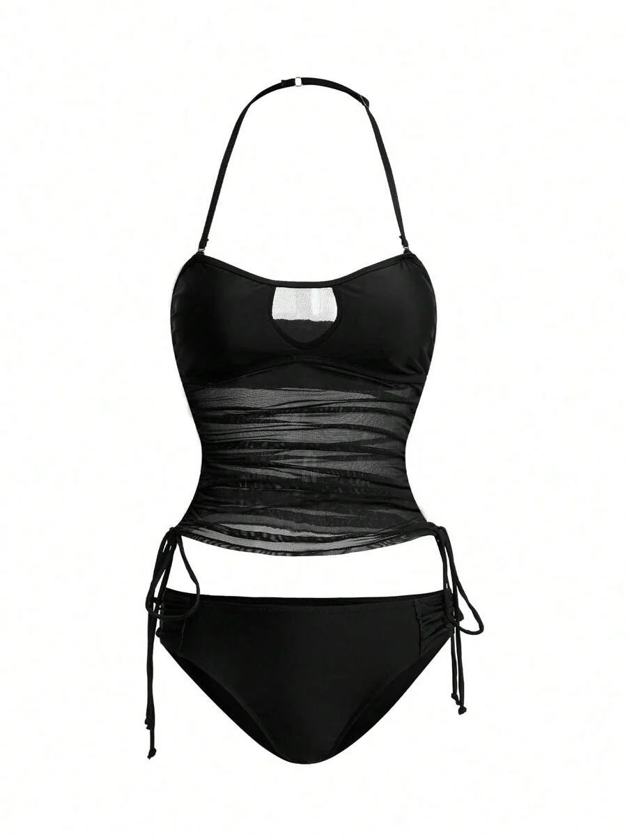 Women's 2-Piece Tankini Set - Detachable Strap Bandeau, Contrast Mesh, Navy Blue