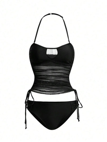 Women's 2-Piece Tankini Set - Detachable Strap Bandeau, Contrast Mesh, Navy Blue