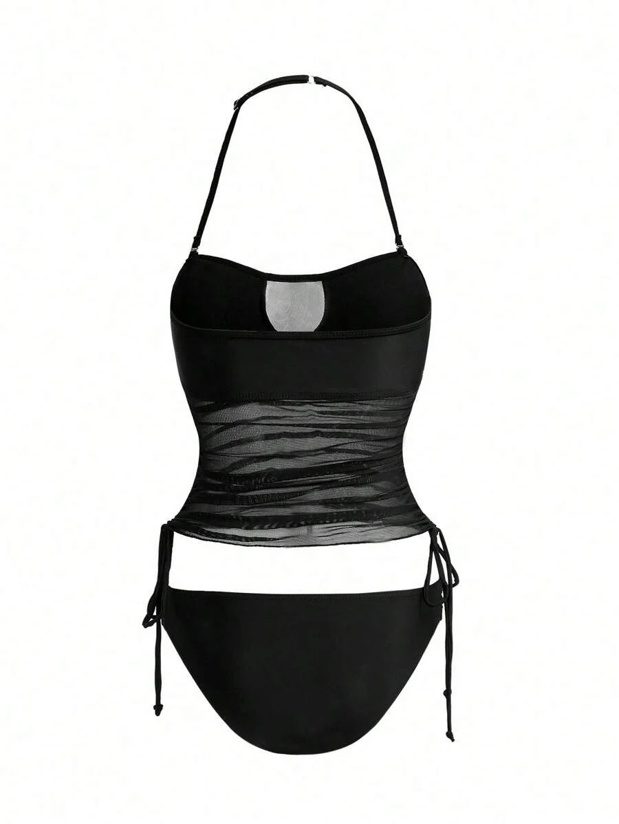 Women's 2-Piece Tankini Set - Detachable Strap Bandeau, Contrast Mesh, Navy Blue