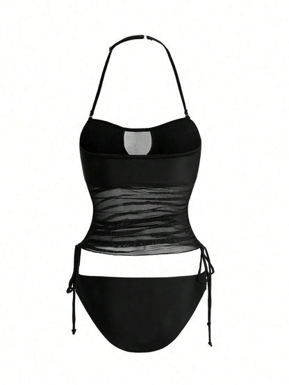 Women's 2-Piece Tankini Set - Detachable Strap Bandeau, Contrast Mesh, Navy Blue